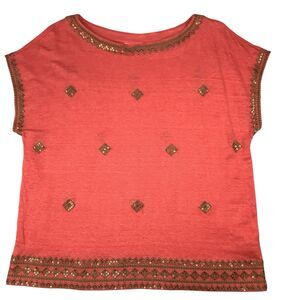 J Jill Linen Short Sleeve Shirt Top Women Size S Orange Coral Red Sequins Boho